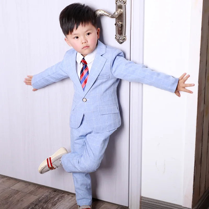 Boy Suits Flower Girl Slim Fit Tuxedo Wedding Suit Party Baptism Christmas Dres Jacket+Shirt+ Tie+Pants 4Pcs Set Blazers H191 - Цвет: Небесно-голубой