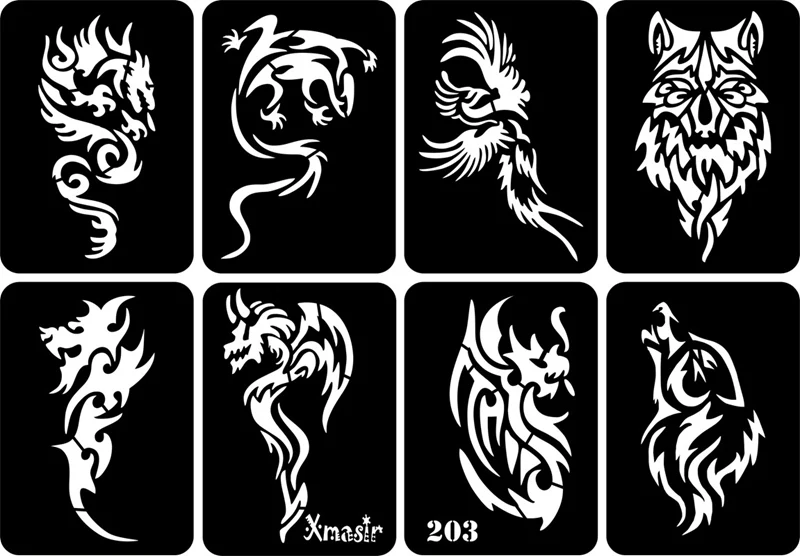 34 шт./лот трафареты для татуировок с изображением дракона для мужчин, шаблон для рисования, аэрография блеск, наклейки для татуировок, многоразовые, 2 больших+ 32 маленьких