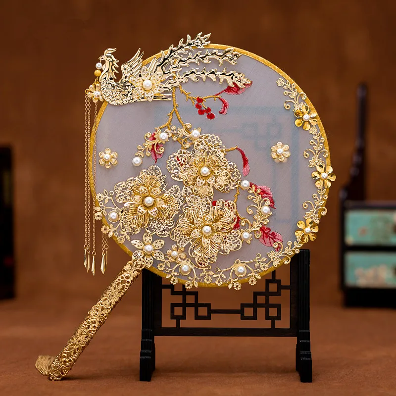 JaneVini Luxury Chinese Bridal Fan Bouquets Pearls Gold Phoenix Handmade Wedding Flowers Metal Round Hand Fan Brides Accessories