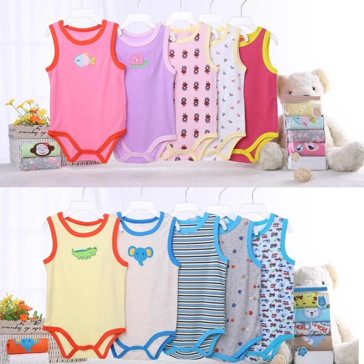 2 5Pcs Baby Boy Girl Cotton Jumpsuit Romper Summer Sleeveless Jumpsuit Infant Bodysuit Newborn Baby Vest Toddler Kids Summer Vest
