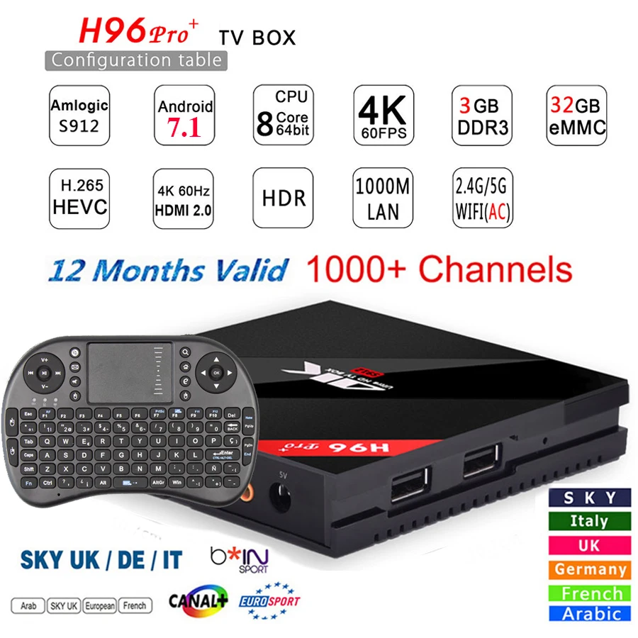 Arabic Iptv Box H96 PRO plus Smart Android7.1 TV Box 1 Year IPTV Subscription UK French Italy Germany Europe IPTV Server Top Box