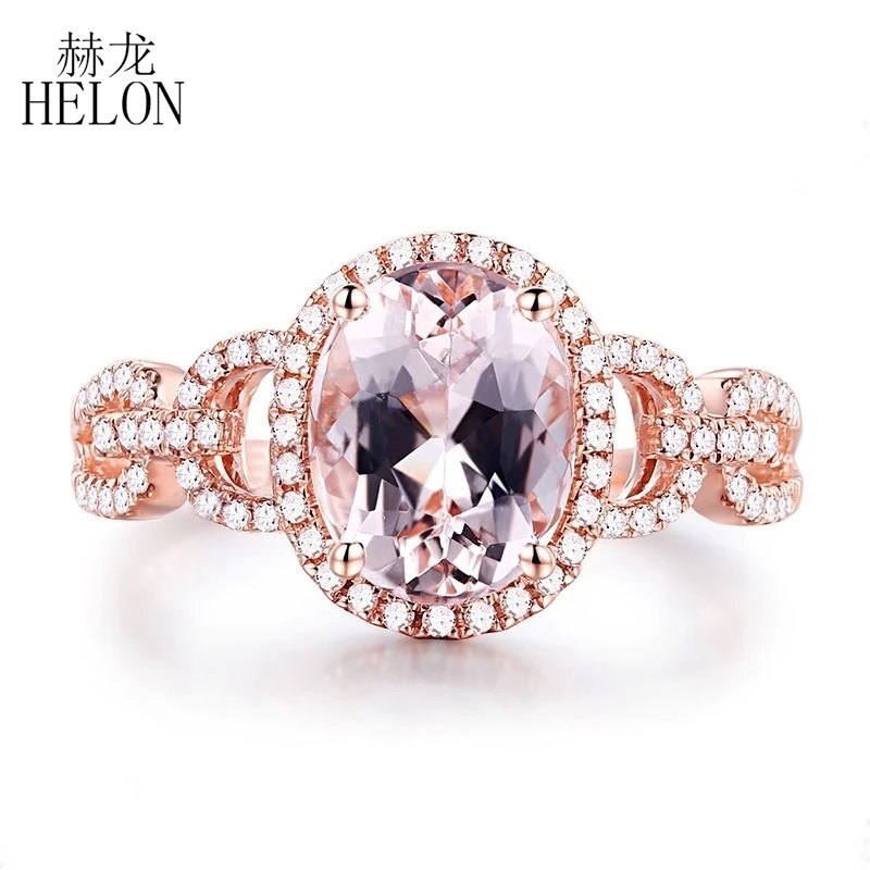 

HELON Solid 14k Rose Gold 9x7mm Oval Cut 2CT Genuine Morganite Engagement Real Natural Diamonds Gorgeous Wedding Ladies Ring