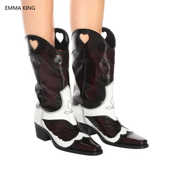 

2018 Winter Mixed Color Leather Square Heels Mid Calf Boots For Women Brown Pink Shoes Embroidered Slip On Western Cowboy Boots