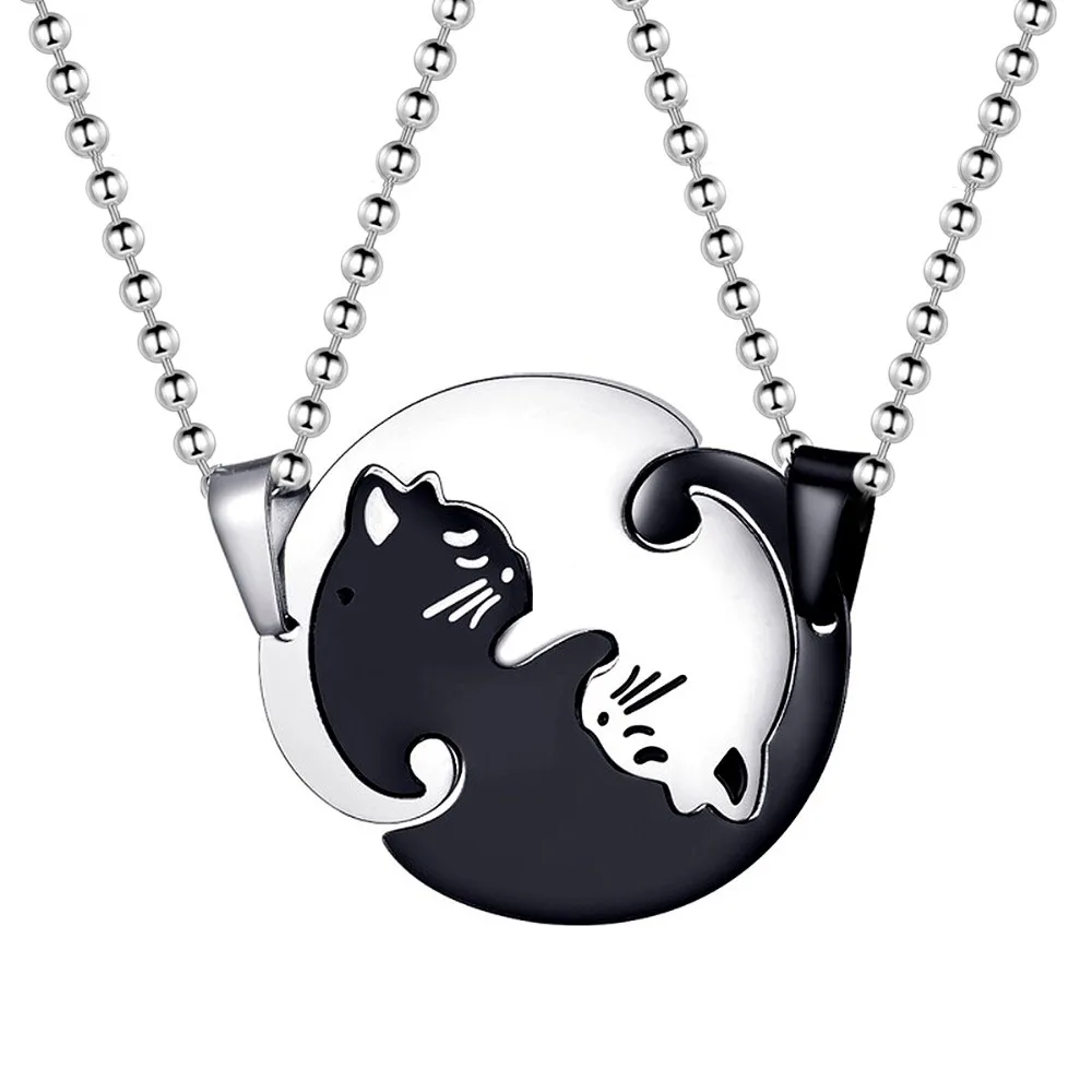 Almei Titanium Stainless Steel Couple Puzzle Matching Black White Cat Pendant Necklaces for Lovers SN156 | Украшения и аксессуары