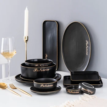 

Nordic tableware dishes set 2~6 people cutlery set Black Cutlery Chinese Porcelain Dinnerware Plate Set