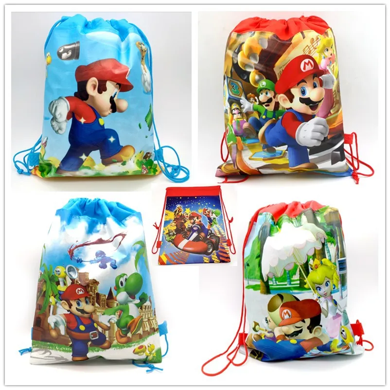 

1pc 27*36cm small super mario bros Gift Bag Drawstring Backpack Non-Woven Fabric Loot Bag For Kids Girl Birthday Decoration