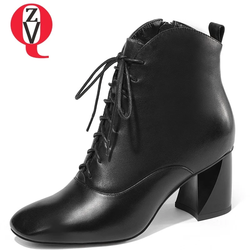 

ZVQ size 33-43 shoes women new popular genuine leather square toe zip high strange style cross-tied black and white ankle boots