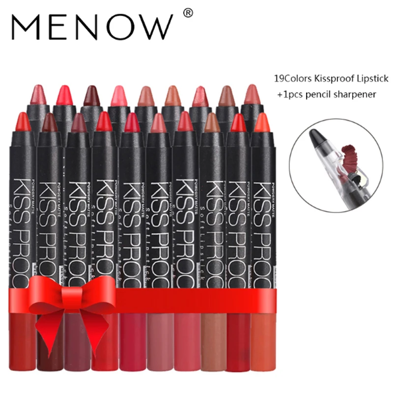 

2017 MENOW Makeup 19colors Matte Velvet Lipstick Pencil Cosmetic Long Lasting Lip Tint Pigment Makeup Nude Gift Pencil Sharpener