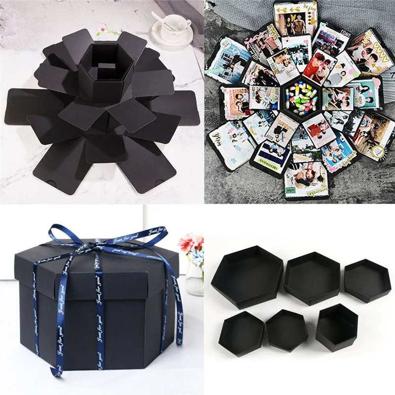 

DIY Hexagon Surprise Explosion Box Memory Scrapbook Photo Album Kits Anniversary Valentine Wedding Gifts with Ribbon