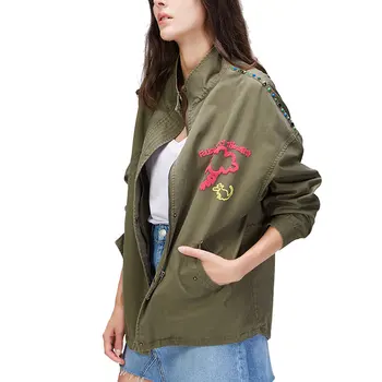 

2017 Autumn Fashion Women's Embroidery Rivet Casual Cotton Jacket Army Green Outwear Vintage Washed Loose Letter Print Jackets