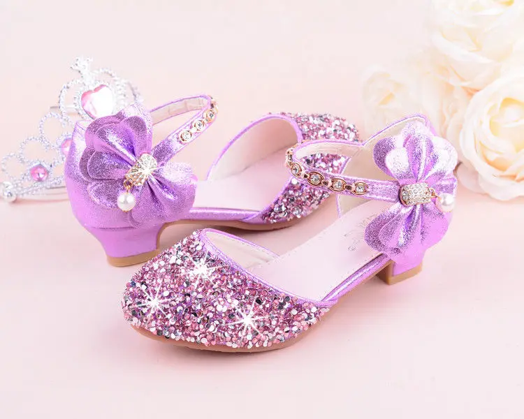 Girls sandals high heels spring and summer rhinestones bow princess Performance /wedding crystal single shoes shiny silver