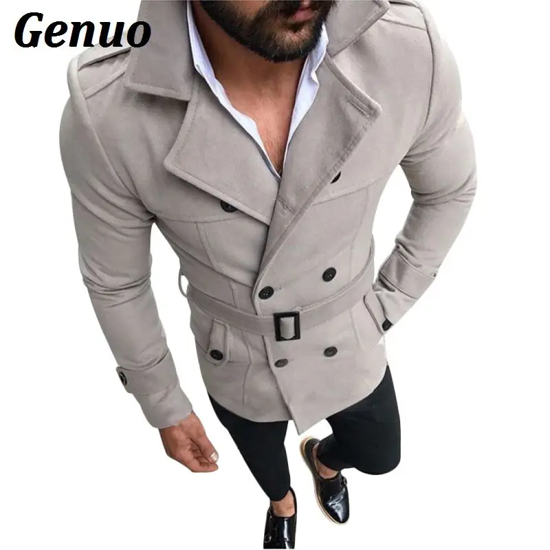 

Genuo Men Wool Coat Trench Turn Down Collar Double Breasted Coats With Belt Windbreaker Casual Male Woolen Overcoat Outwear