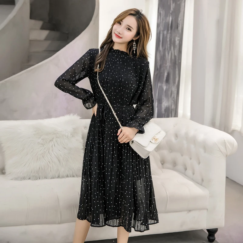

2019 Spring Women Chiffon Dresses Floral Printd Stand collar Loose pleated Mid-Calf elegant Dot Dress Female Plus Size