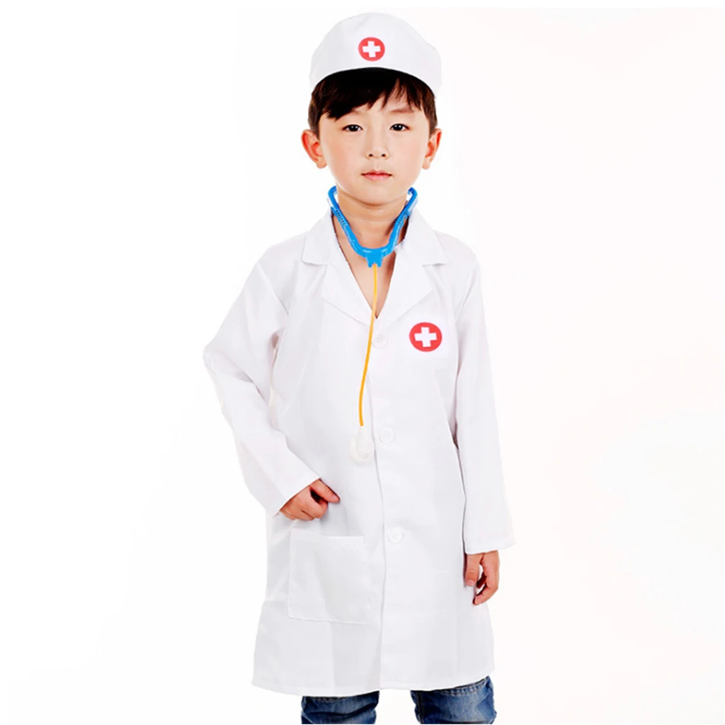 Unisex Kids Boys Girls Doctor Surgeon Halloween Cosplay Dress up Coat with Cap Nurse Play Tools Set Outfits