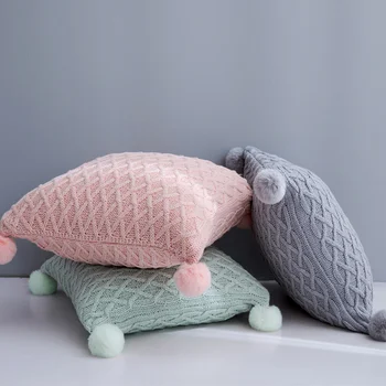 

Pom Knitted Solid Color Cushion Cover Chair Car Sofa Decorative Pillow Case Invisible Zipper 45*45cm