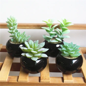 

Mini Black Potted Artificial Green Succulent Plants Bonsai Set Fake Flower Vase Decorative Home Balcony Decoration
