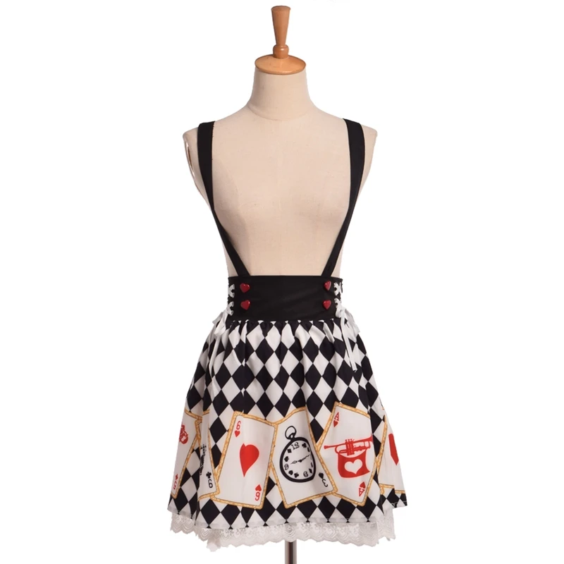 

Girls Cute Lolita Skirt Cute Poker Printed Lace Trim Suspender Skirt