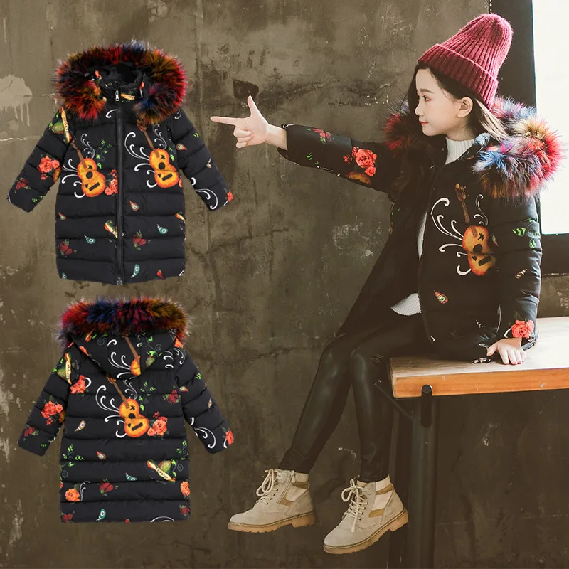 Новая детская одежда модная зимняя меховая куртка для девочек с цветочным рисунком, теплая Толстая парка с капюшоном, длинное однотонное пальто