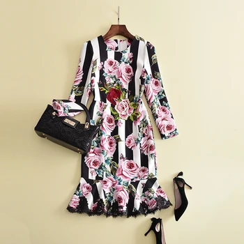 

HIGH QUALITY New 2018 Designer Runway Dress Women's Vintage Long Sleeve Rose Printed Embroidery Midi Mermaid Dress