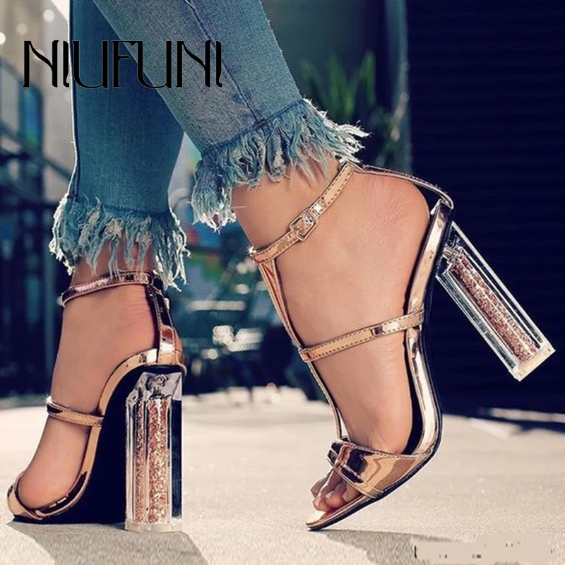 

Wedding Glitter Heels Sandals Summer Block High Heeled Chunky Heels Ankle Strap Sandals Sexy Lady Party Dress Gold Shoes