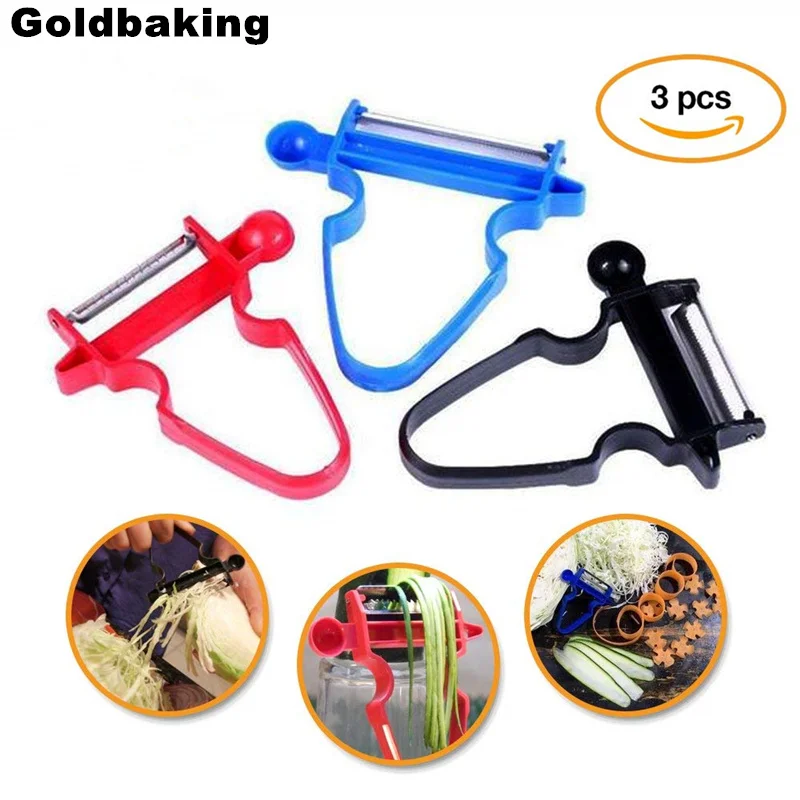 Goldbaking 2018 جديد السحر الثلاثي مقشرة Multifuction الخضار القطاعة تقطيع قشر أي شيء في ثانية 3 أجزاء طقم تقشير