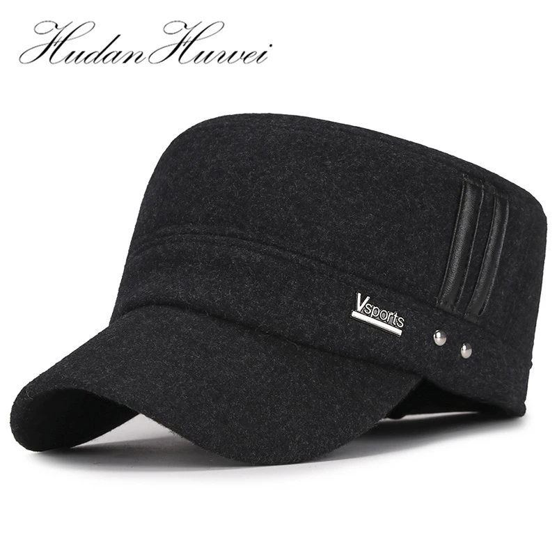 Winter Mens Wool Felt Flat Top Cap Thickened Warm Baseball Caps with