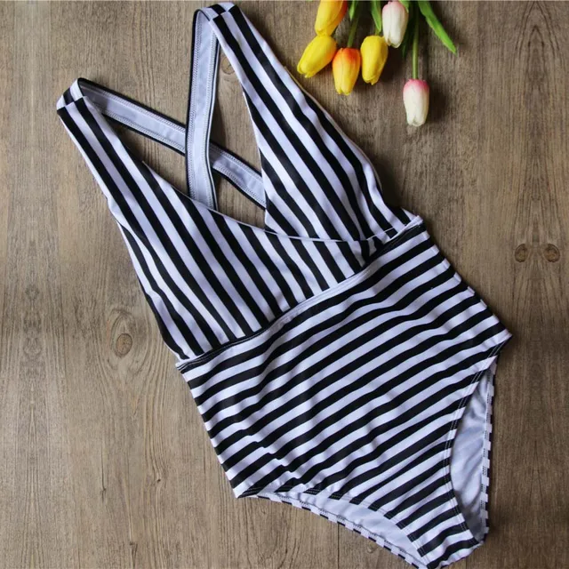 Womens Striped One Piece Swimsuit V Neck Swimwear Cut Out Monokini