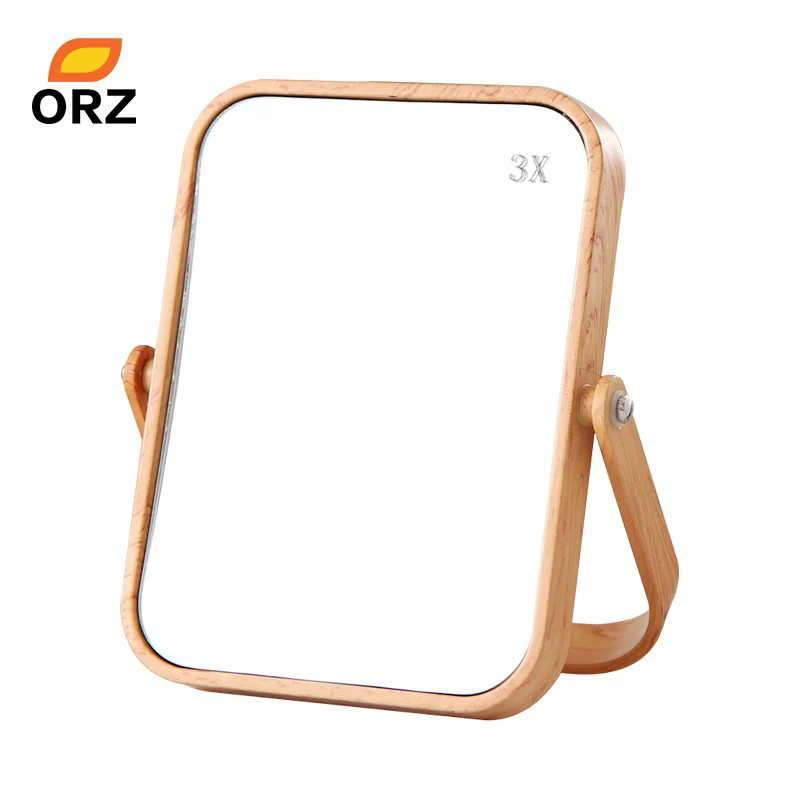 Espejo de maquillaje de plástico oblongo de escritorio ORZ espejo de dos caras de madera de grano de Color decorativo para baño espejo cosmético