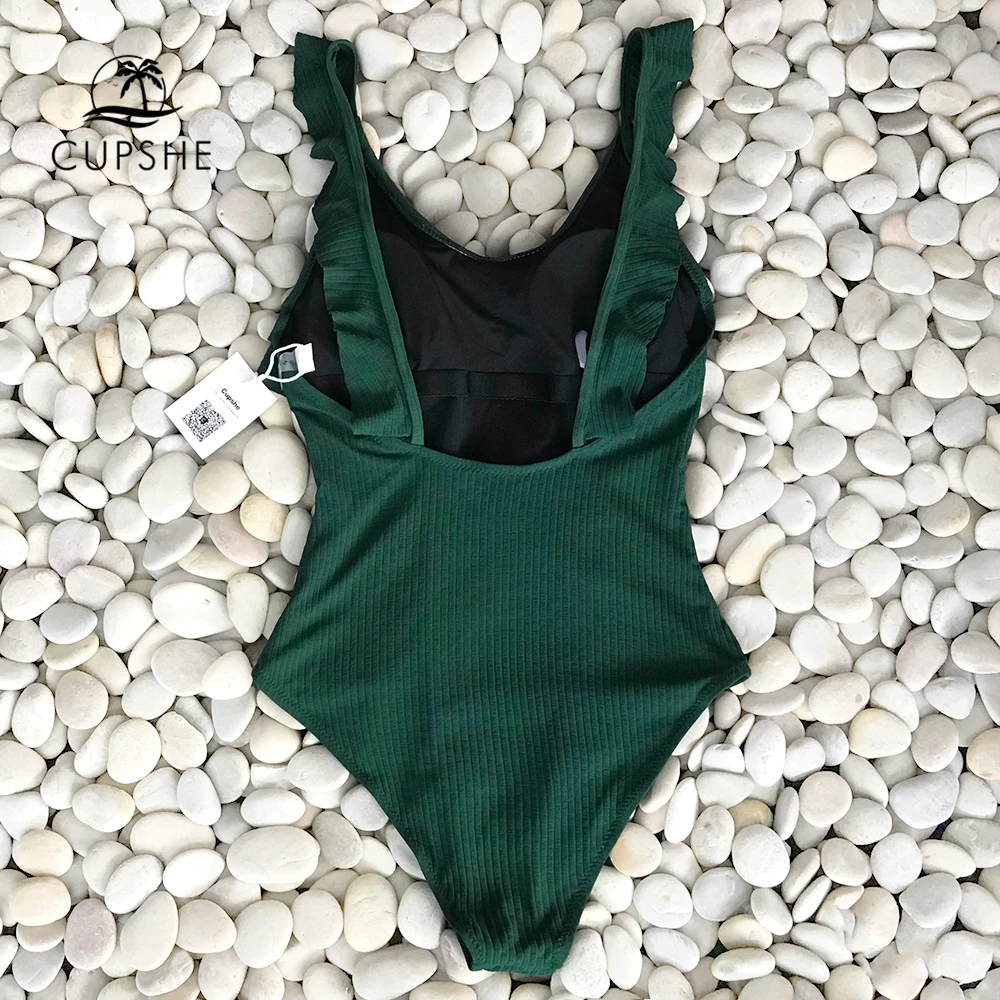 Billige CUPSHE Dark Grün Rüschen einteiliges Badeanzug Frauen Solide Strand Badeanzug Monokini 2020 Mädchen Sexy Bademode