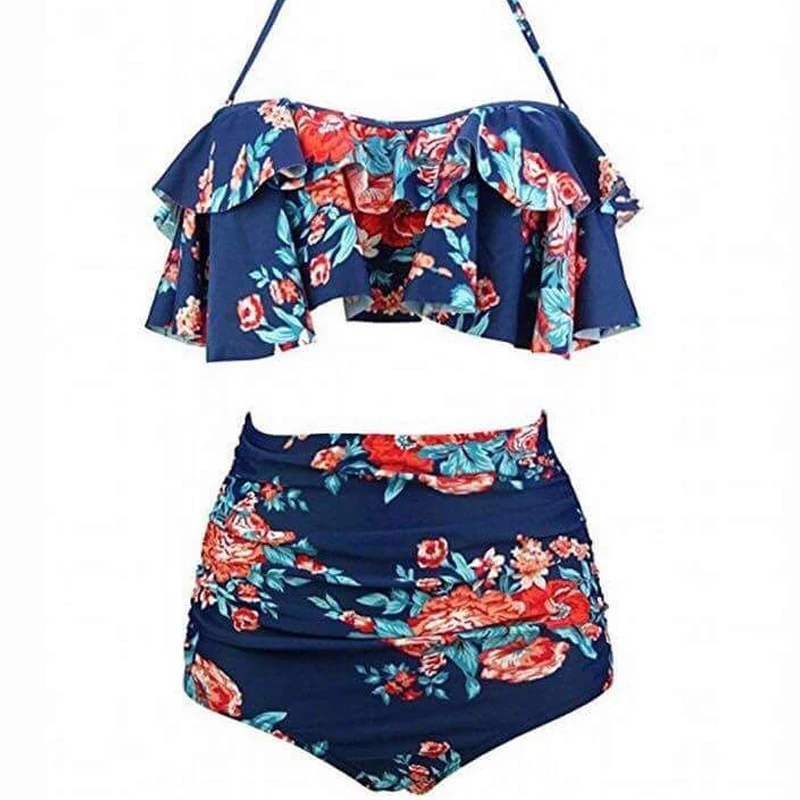 

Sexy Halter Ruffle 2018 Floral Swimwear Set Women High Waisted Female Padded Swimwears Frills Swimsuit Bathing Swim Suits