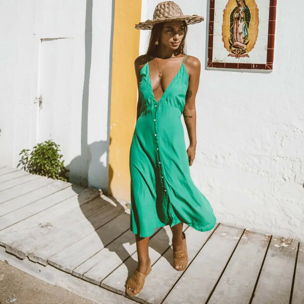 

Vintage Women Boho Long Maxi Dress Sexy Ladies V-Neck Backless Summer Beach Strappy Party Casual Button Sundress