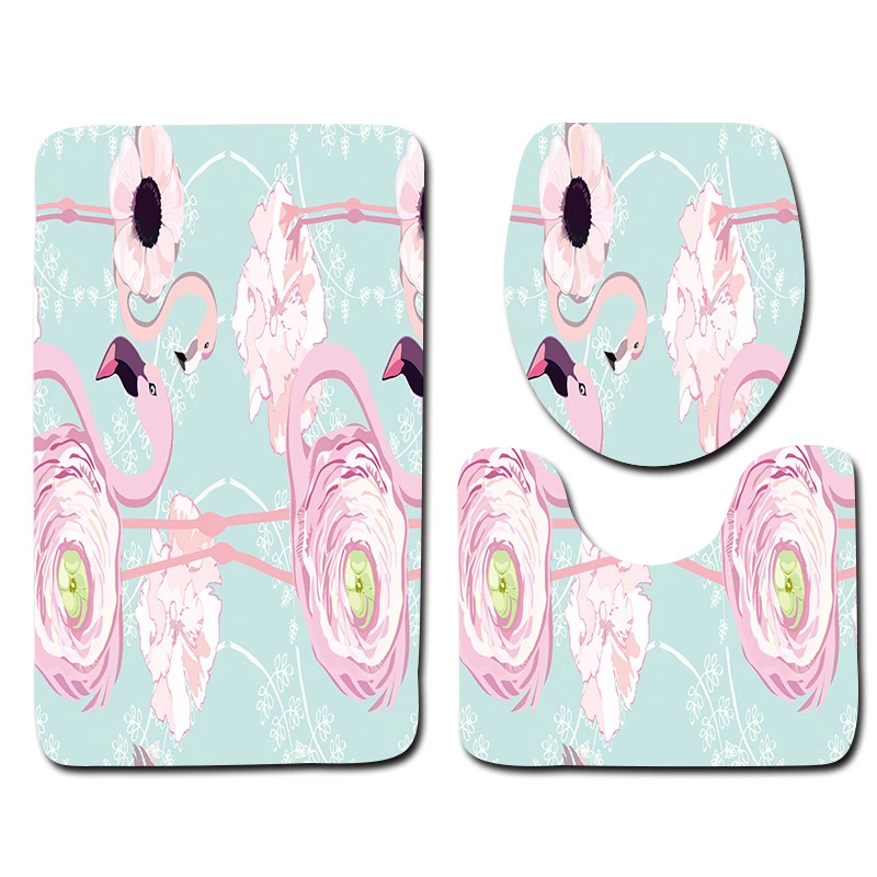 

Flamingo Bird Print Polyester Bath Mats Large Strong Suction Anti Non Slip Washable Soft Flannel Bathroom Rugs Set Toilet Cover