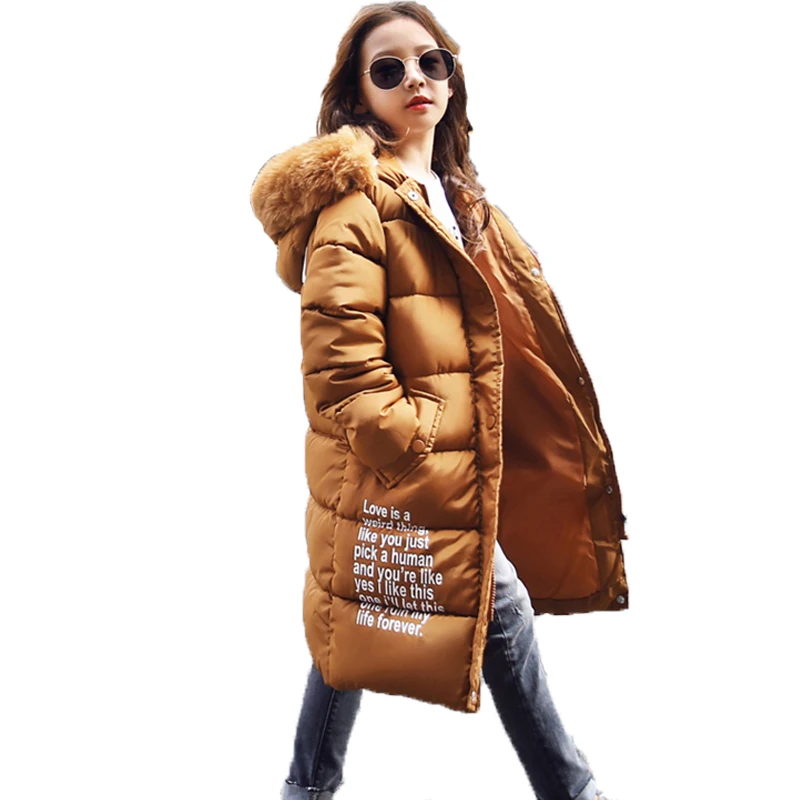 

Russian winter 4-13 years old Girls Winter coat Kids Children Outwear Printed letter fur collar Long Down coat warmth hooded