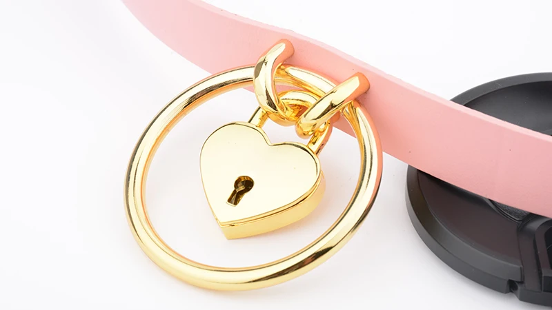 Punk Gothic Hand Crafted 100% Real Leather Choker 60mm O Round Gold Collar Kawaii Love Heart Necklace Women Lockable BDSM Choker 11