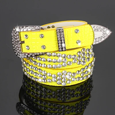 Женские дизайнерские роскошные стразы, широкие ремни, однотонный ремень из воловьей кожи для женщин, модный Леопардовый яркий ремень с кристаллами для джинсов - Цвет: Yellow 18 PU