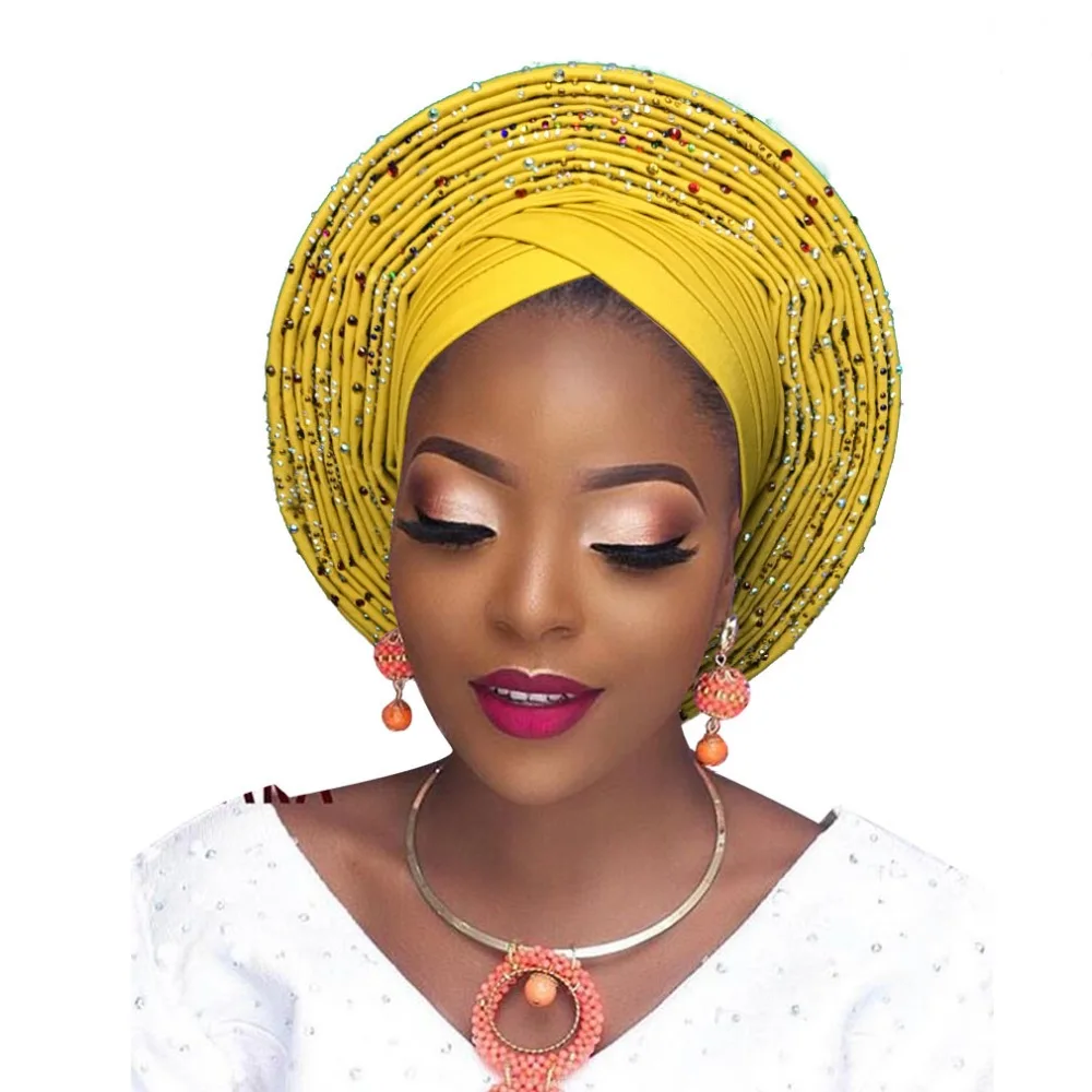 Stoned African headtie nigerian headtie auto gele african head wrap african turban headband aso oke headwear (2)