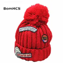 BomHCS зима Для женщин мягкий толстый теплый кабель ручной вязки буквы Шапка-бини с помпоном