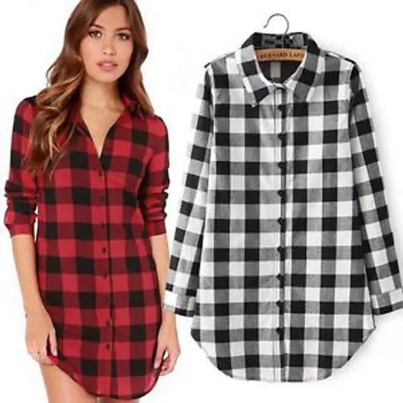 

Women Long Sleeves Blouse Plaid Printed Shirt Single Breasted Cotton Shirt Long Sleeves Turn-down Collar Plaid Shirt