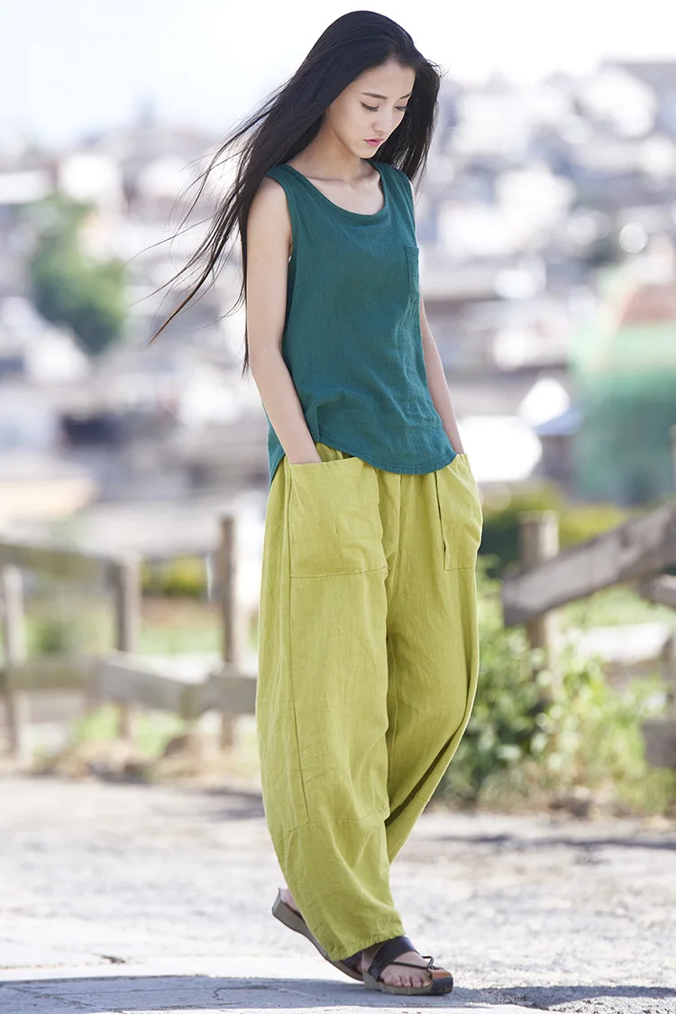 LZJN Baggy Pantalon Women Loose Ankle length Pants Linen Wide Leg Ladies Casual Sand Wash Summer Cool Baggy Trousers with Pocket (16)
