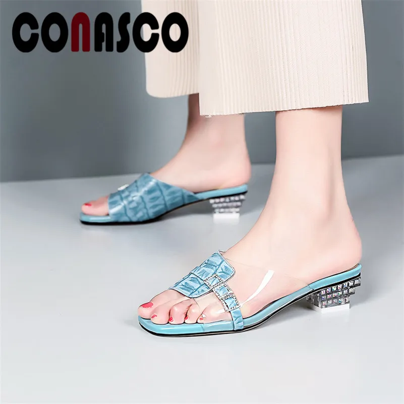 

CONASCO Summer Sheepskin Pu Leather Women Sandals 2019 New Fashion Sweet Casual Shoes Woman Crystal Slip On Shallow High Heels