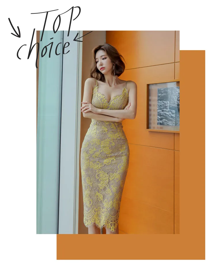 Sexy Embroidered Floral Lace Dresses Women Spaghetti Strap V-neck Bodycon Dresses Office Lady Lace Midi Dress M19071122