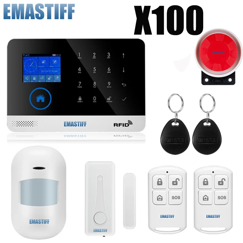 EN RU ES PL DE Switchable Wireless Home Security WIFI GSM GPRS Alarm system APP Remote Control RFID card Arm Disarm