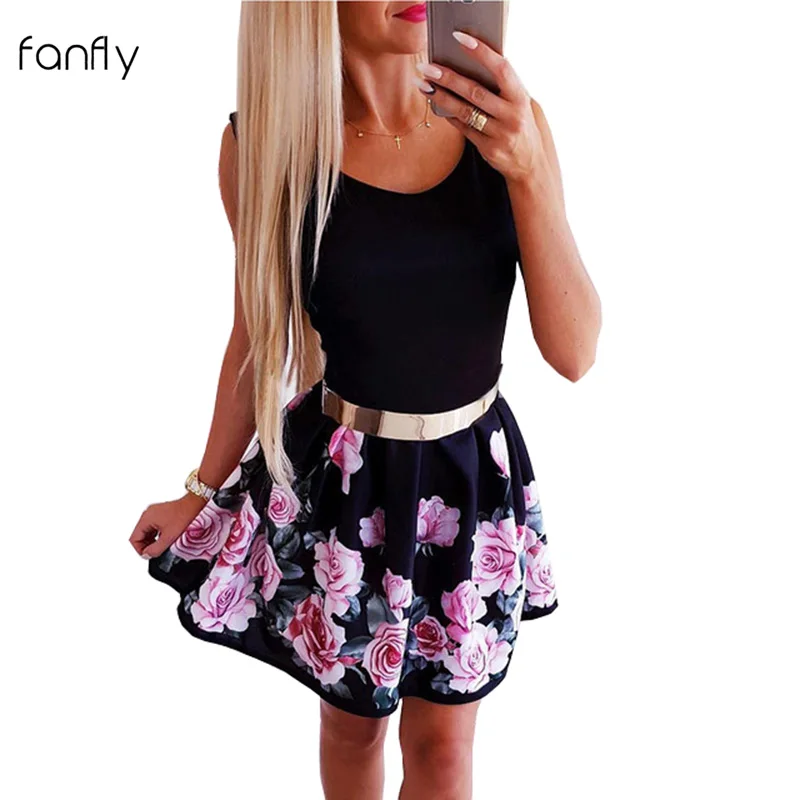 

Sleeveless O-neck Vintage Summer Dress Mini Print Floral Womans Dresses Casual Dress Bohemian Sundress SJ2707F
