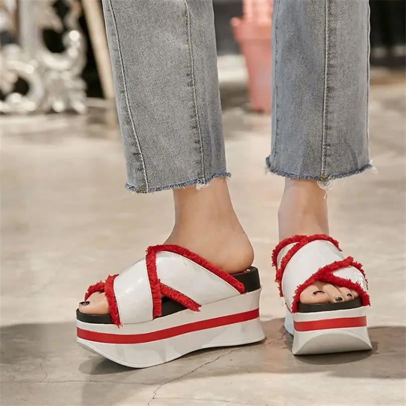 

Hot Women Cow Leather Wedges Platform Slippers High Heel Pumps Cross Strap Party Gladiator Sandals Open Toe Summer Punk Creepers