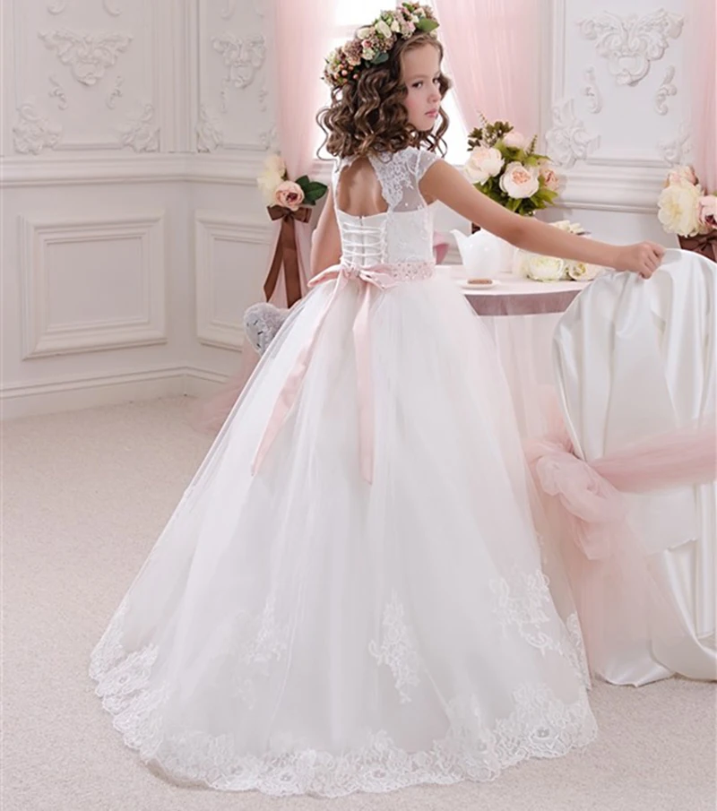 Кепки рукава, платья в стиле «принцесс» розовое, с поясом из Бисера Кружевное фатиновое платье для девочек, длинное платье с цветочным узором для вечерние свадебные Детские Платье для первого причастия 2-13Years