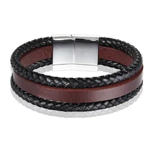 Новая мода черный/коричневый кожаный браслет для мужчин ювелирные изделия из нержавеющей стали Многослойные браслеты винтажные мужские аксессуары Подарки