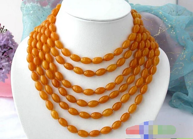 

LONG 100" 13MM RICE NATURE YELLOW JADE NECKLACE s519^^^@^Noble style Natural Fine jewe FREE SHIPPING