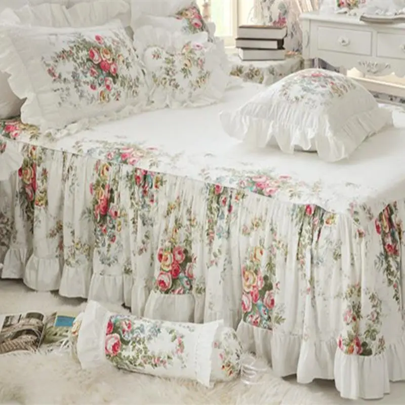 Rustic Flower Print Ruffle Bedspread Thicken Satin Cotton Patchwork Bedspread Bed Sheet Handmade Coverlet Queen Bed Skirt