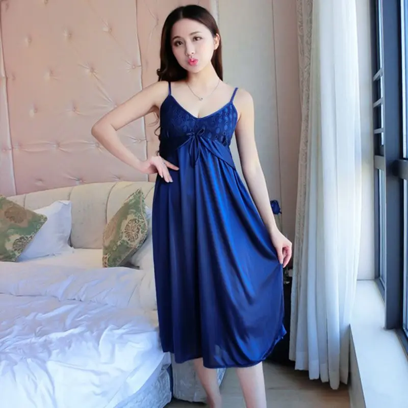 

Women Fashion Plunge V-neck Sexy Sleepwear Sleeveless Solid Royal Blue Dress Nightgown women Mid-Calf nightdress Home Negligees