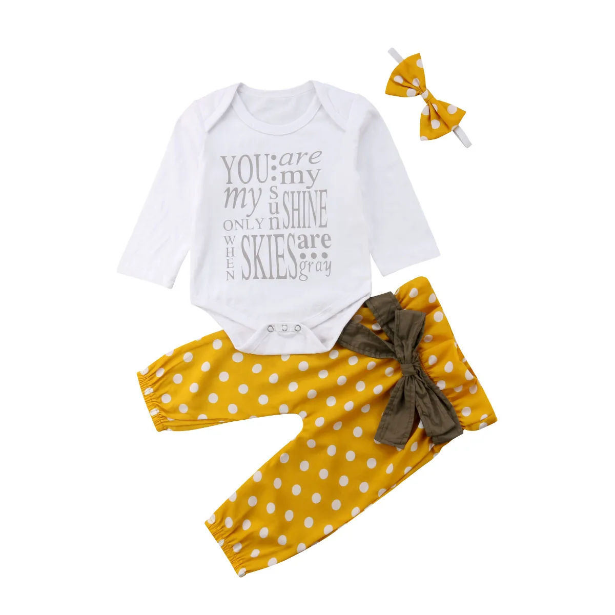 Мода для новорожденных девочек одежда с длинными рукавами из хлопка; комбинезон с бантом в горошек длинные штаны 3 шт. наряды 0-24 м - Цвет: Цвет: желтый